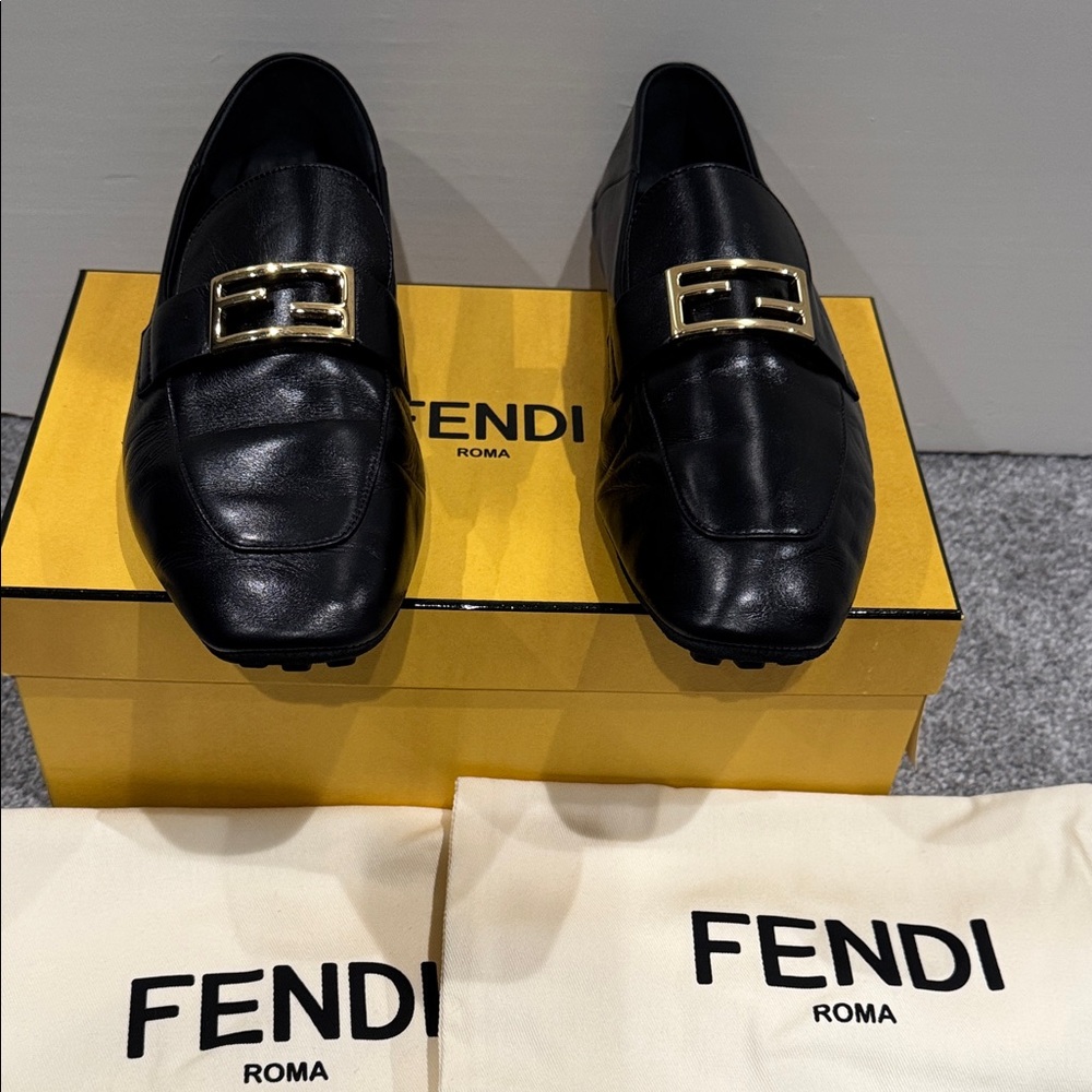 Fendi Black Leather Loafers with Gold Buckle